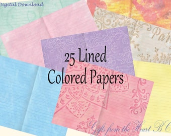 May include: A set of 25 lined colored papers with different patterns and designs. The papers are in various colors, including pink, blue, yellow, and purple. The text "25 Lined Colored Papers" is in the center of the image.