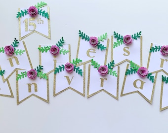 Handmade Glitter Anniversary Banner, Floral Party Decoration