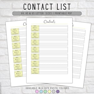 Printable Contact List / Address Book / Phone book insert / Contact info tracking sheet - PDF Download - A4 A5 Us Letter