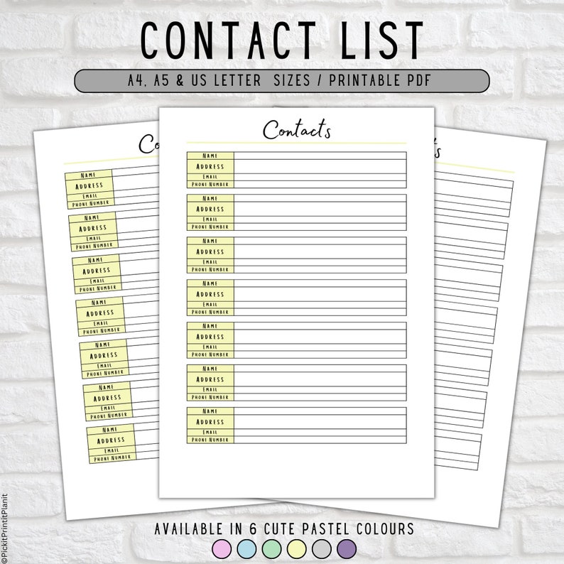 Printable Contact List / Address Book / Phone Book Insert / Contact ...
