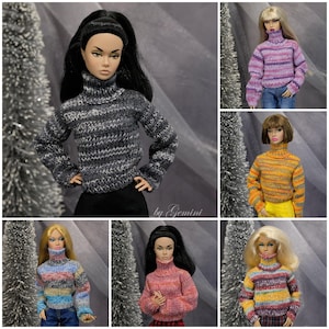 May include: Six different dolls wearing colourful striped turtleneck sweaters. The sweaters are knitted and have a variety of colours and patterns.