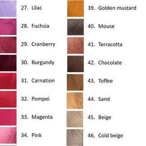 May include: A color chart of yarn samples, numbered 25 through 48, with corresponding color names. The colors range from deep purple to light pink and beige to brown.
