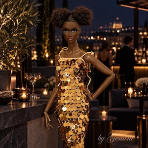 May include: A fashion doll with dark skin and two afro puffs, wearing a sleeveless dress covered in large, reflective gold sequins with thin shoulder straps. The doll has articulated joints and a neutral expression, standing against a blurred evening city background.