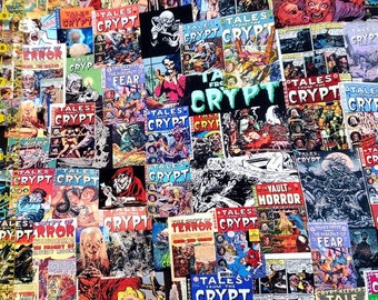 May include: A collage of vintage comic book covers, primarily featuring the "Tales from the Crypt" series. The covers display vibrant colors, grotesque illustrations, and bold text, creating a visually striking and nostalgic aesthetic. The comic books are arranged in a dense, overlapping pattern.