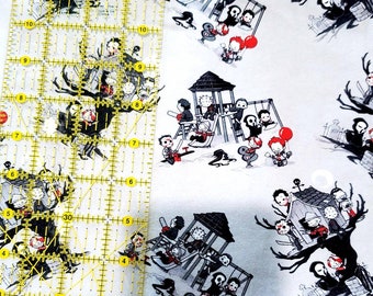 May include: White fabric featuring a playful, cartoon-style illustration of horror movie characters at a playground. The design includes characters like Jason Voorhees, Freddy Krueger, and Ghostface, with swings, slides, and red balloons.