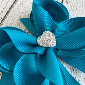 Girls Hair Bow Teal Blue Boutique Hair Bow with Sparkly Heart for Formal, Wedding, Birthday Events Cute Back to School Gift for Girls image 3