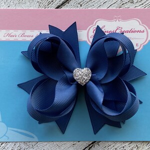 Girls Hair Bow Smoky Blue Boutique Hair Bow with Sparkly Heart for Formal, Wedding, Birthday Events Cute Back to School Gift for Girls image 5