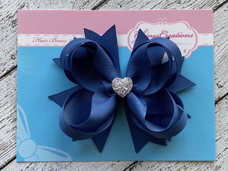 Girls Hair Bow Smoky Blue Boutique Hair Bow with Sparkly Heart for Formal, Wedding, Birthday Events Cute Back to School Gift for Girls image 5