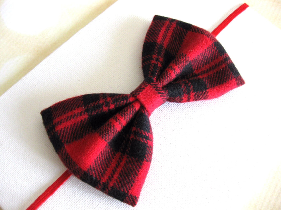 Baby Plaid Bow Headband – Red & Black Tartan Elastic Band