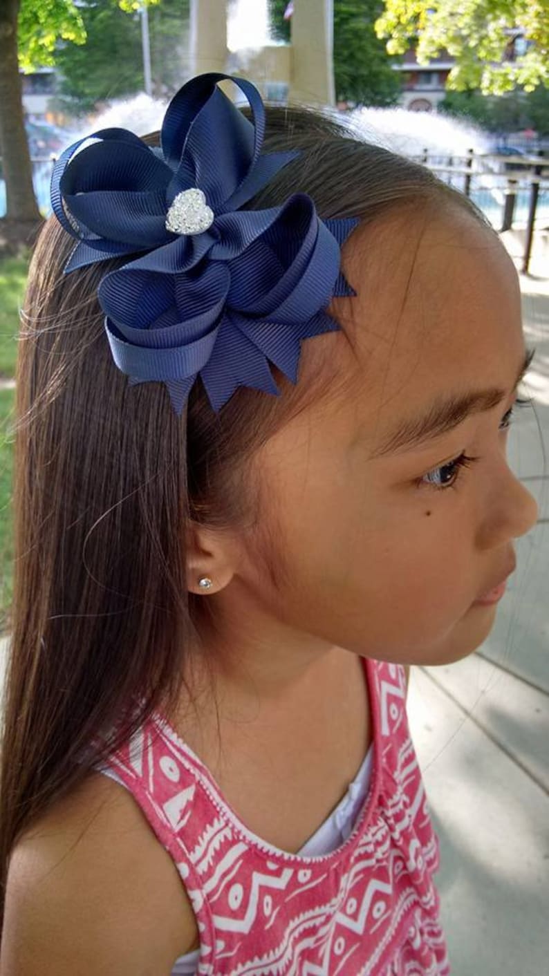Girls Hair Bow Navy Boutique Hair Bow with Sparkly Heart for Formal, Wedding, Birthday Events Cute Back to School Gift for Girls image 5