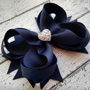 Girls Hair Bow Navy Boutique Hair Bow with Sparkly Heart for Formal, Wedding, Birthday Events Cute Back to School Gift for Girls image 3