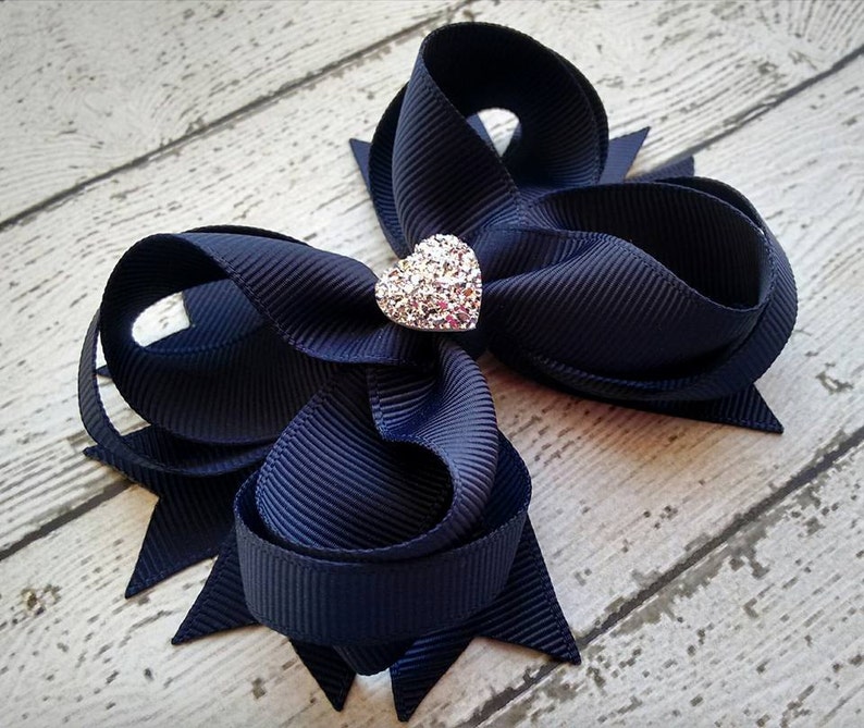 Girls Hair Bow Navy Boutique Hair Bow with Sparkly Heart for Formal, Wedding, Birthday Events Cute Back to School Gift for Girls image 3