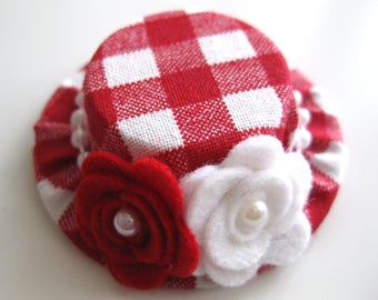 Red and White Baby Hair Clips - Gingham Mini Top Hat Clips for Toddlers - Mini Hat Headbands for Babies - Felt Flower Baby Headbands