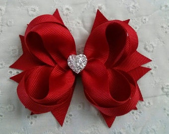 Red Boutique Hair Bow - Girls Hair Bow - Toddler Hair Bow - Valentine Hair Bow - Holiday Hair Bow - Formal Wedding Bow with Sparkly Heart