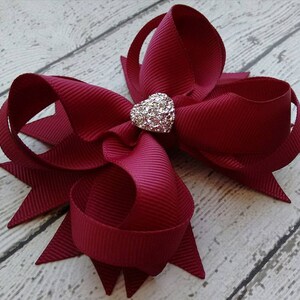 Fall Boutique Hair Bow Burgundy Boutique Hair Bow Girls Hair Bow Wine Boutique Hair Bow Formal Wedding Bow with Sparkly Heart image 3