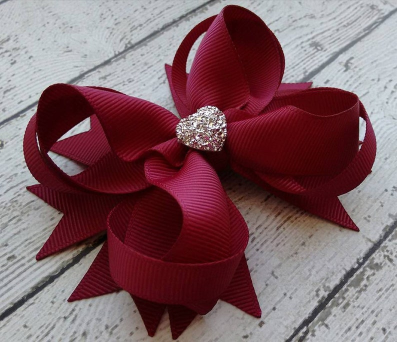 Fall Boutique Hair Bow Burgundy Boutique Hair Bow Girls Hair Bow Wine Boutique Hair Bow Formal Wedding Bow with Sparkly Heart image 3