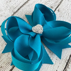 Girls Hair Bow Teal Blue Boutique Hair Bow with Sparkly Heart for Formal, Wedding, Birthday Events Cute Back to School Gift for Girls image 4