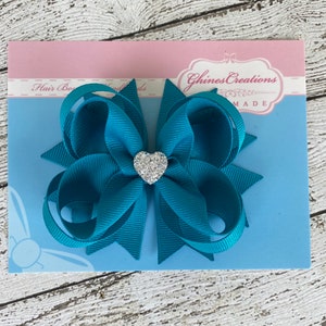 Girls Hair Bow Teal Blue Boutique Hair Bow with Sparkly Heart for Formal, Wedding, Birthday Events Cute Back to School Gift for Girls image 7