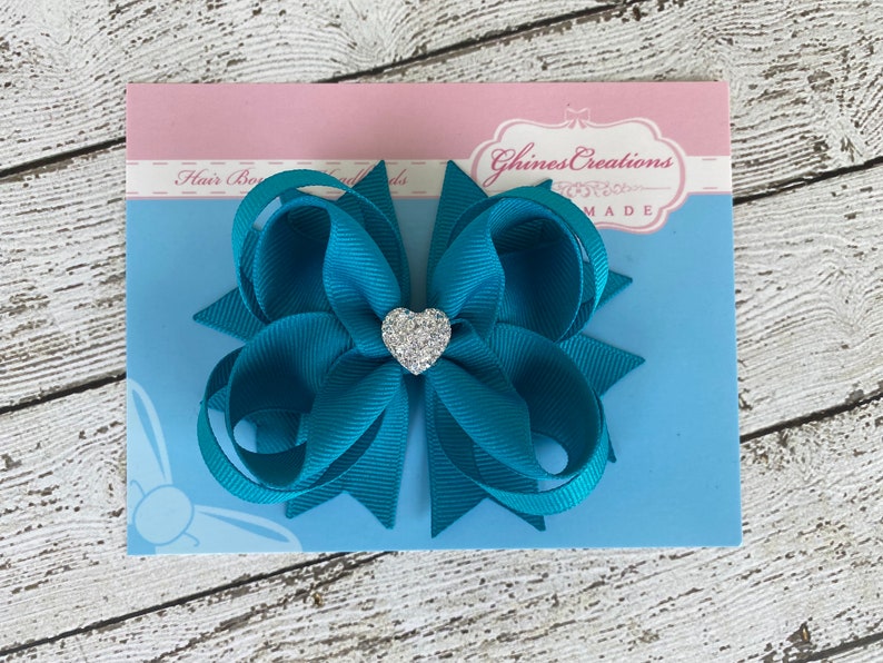 Girls Hair Bow Teal Blue Boutique Hair Bow with Sparkly Heart for Formal, Wedding, Birthday Events Cute Back to School Gift for Girls image 7