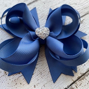 Girls Hair Bow Smoky Blue Boutique Hair Bow with Sparkly Heart for Formal, Wedding, Birthday Events Cute Back to School Gift for Girls image 4