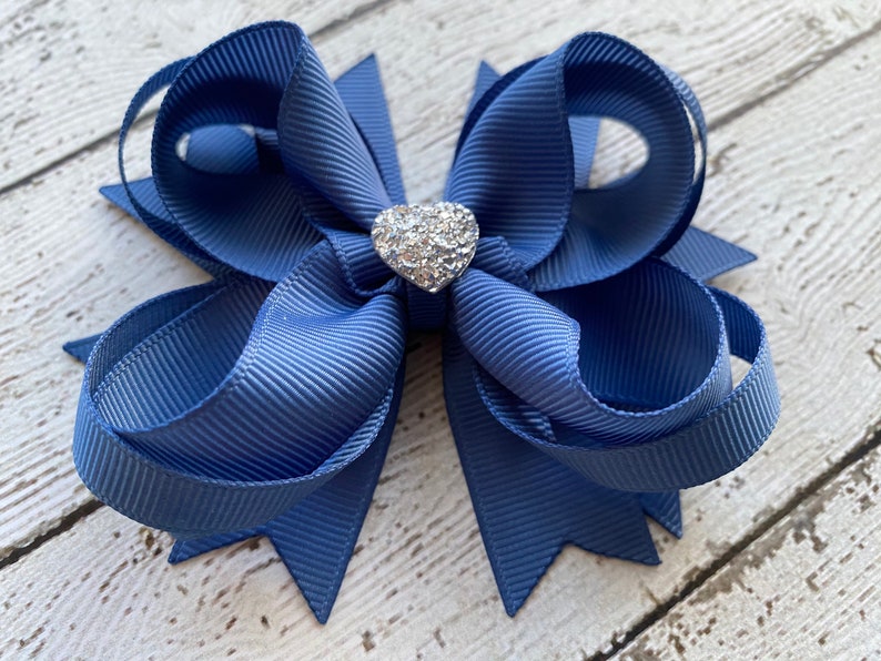 Girls Hair Bow Smoky Blue Boutique Hair Bow with Sparkly Heart for Formal, Wedding, Birthday Events Cute Back to School Gift for Girls image 4