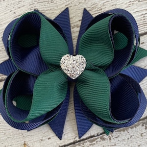 Girls Hair Bow ~ Navy & Hunter Green Boutique Hair Bow ~ Back to School Hair Bow ~ Gift for Girls ~ Formal Wedding Bow with Sparkly Heart