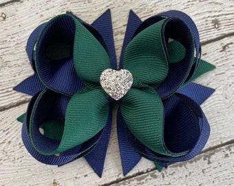 Girls Hair Bow ~ Navy & Hunter Green Boutique Hair Bow ~ Back to School Hair Bow ~ Gift for Girls ~ Formal Wedding Bow with Sparkly Heart