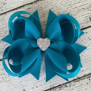 Girls Hair Bow Teal Blue Boutique Hair Bow with Sparkly Heart for Formal, Wedding, Birthday Events Cute Back to School Gift for Girls image 1