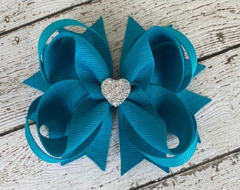 Girls Hair Bow ~ Teal Blue Boutique Hair Bow with Sparkly Heart for Formal, Wedding, Birthday Events ~ Cute Back to School Gift for Girls