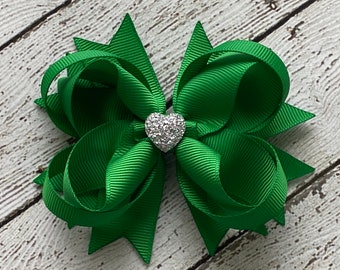 Girls Hair Bow, Green Boutique Hair Bow, Toddler Hair Bow, Green Bows, Gift for Girls, Formal Wedding Bow with Sparkly Heart, Birthday Bow