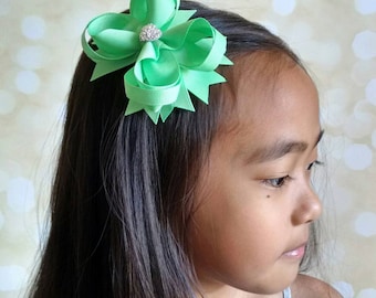 Girls Hair Bow, Boutique Hair Bow with Sparkly Heart, Mint Green Hair Bow, Wedding Bow, Birthday Bow, Back to School Bow, Gift for Girls