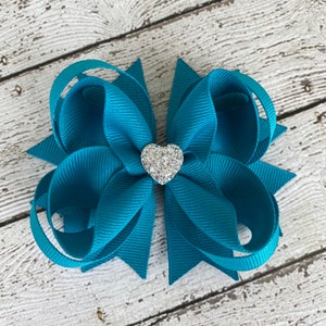 Girls Hair Bow Teal Blue Boutique Hair Bow with Sparkly Heart for Formal, Wedding, Birthday Events Cute Back to School Gift for Girls image 2
