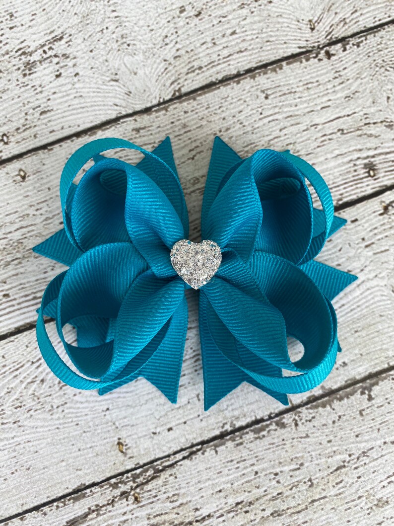 Girls Hair Bow Teal Blue Boutique Hair Bow with Sparkly Heart for Formal, Wedding, Birthday Events Cute Back to School Gift for Girls image 2