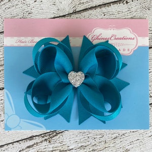 Girls Hair Bow Teal Blue Boutique Hair Bow with Sparkly Heart for Formal, Wedding, Birthday Events Cute Back to School Gift for Girls image 8