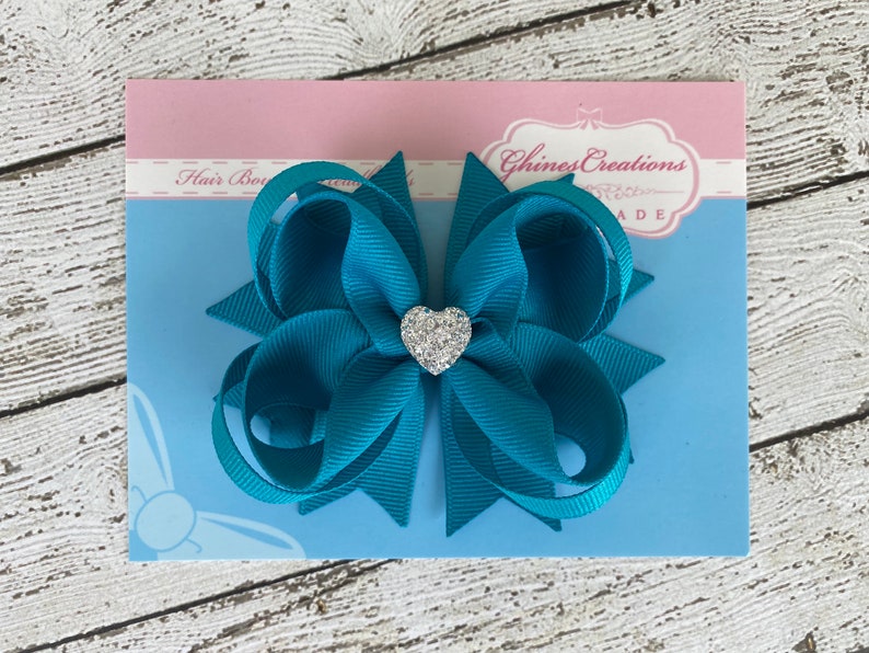 Girls Hair Bow Teal Blue Boutique Hair Bow with Sparkly Heart for Formal, Wedding, Birthday Events Cute Back to School Gift for Girls image 8