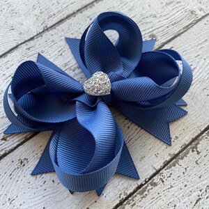 Girls Hair Bow Smoky Blue Boutique Hair Bow with Sparkly Heart for Formal, Wedding, Birthday Events Cute Back to School Gift for Girls image 2