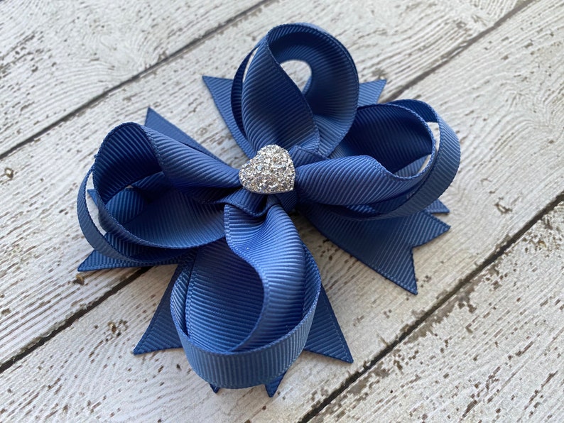 Girls Hair Bow Smoky Blue Boutique Hair Bow with Sparkly Heart for Formal, Wedding, Birthday Events Cute Back to School Gift for Girls image 2