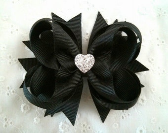 Black Boutique Hair Bow with Sparkly Heart for Formal Event, Wedding, Party, Birthday, Cute Back to School Gift for Girls