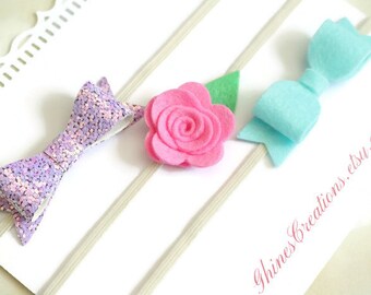 Felt Baby Headbands - Glitter Bow Headbands - Mini Bow Baby Headband - Lt Purple Iridescent Bow - Felt Flower Baby Hair Bands Set