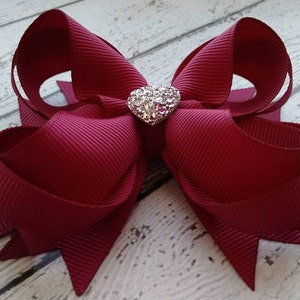 Fall Boutique Hair Bow Burgundy Boutique Hair Bow Girls Hair Bow Wine Boutique Hair Bow Formal Wedding Bow with Sparkly Heart image 4
