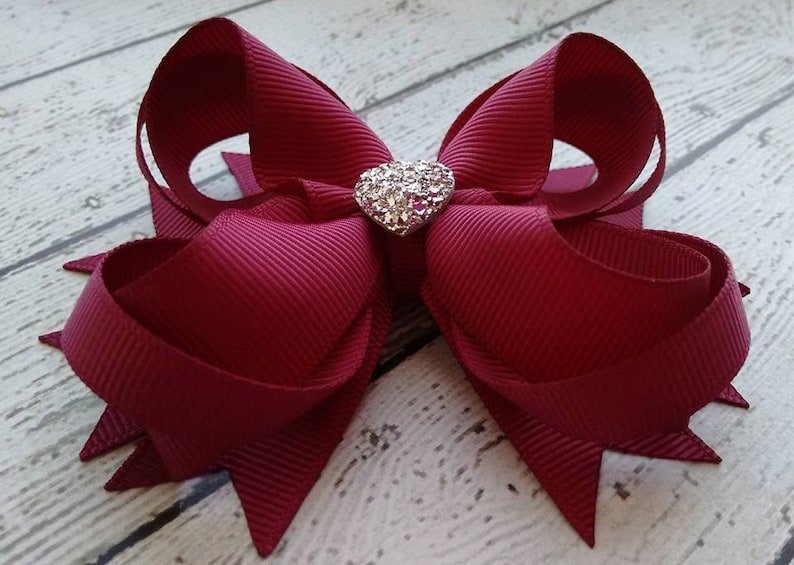 Fall Boutique Hair Bow Burgundy Boutique Hair Bow Girls Hair Bow Wine Boutique Hair Bow Formal Wedding Bow with Sparkly Heart image 4