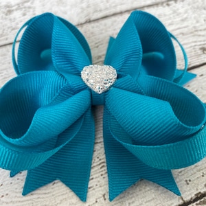 Girls Hair Bow Teal Blue Boutique Hair Bow with Sparkly Heart for Formal, Wedding, Birthday Events Cute Back to School Gift for Girls image 6