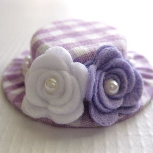 Lavender and White Baby Hair Clips Gingham Mini Top Hat Clips for Toddlers Mini Hat Headbands for Babies Felt Flower Baby Headbands image 4