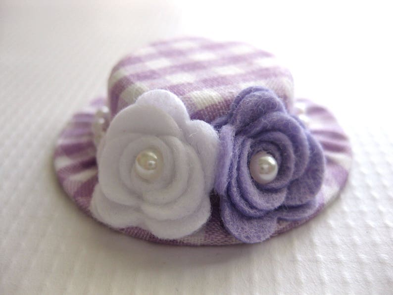 Lavender and White Baby Hair Clips Gingham Mini Top Hat Clips for Toddlers Mini Hat Headbands for Babies Felt Flower Baby Headbands image 4