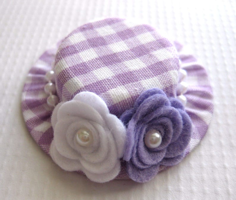 Lavender and White Baby Hair Clips Gingham Mini Top Hat Clips for Toddlers Mini Hat Headbands for Babies Felt Flower Baby Headbands image 3