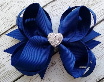 Girls Hair Bow ~ Century Blue Boutique Hair Bow ~ Toddler Hair Bow ~ Cute Hair Bow ~ Gift for Girls ~ Formal Wedding Bow with Sparkly Heart