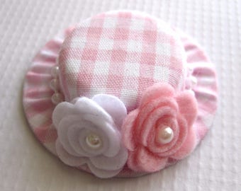 Lt Pink and White Baby Hair Clips - Gingham Mini Top Hat Clips for Toddlers - Mini Hat Headbands for Babies - Felt Flower Baby Headbands