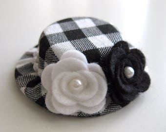 Black and White Baby Hair Clips - Gingham Mini Top Hat Clips for Toddlers - Mini Hat Headbands for Babies - Felt Flower Baby Headbands