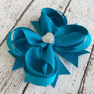 Girls Hair Bow Teal Blue Boutique Hair Bow with Sparkly Heart for Formal, Wedding, Birthday Events Cute Back to School Gift for Girls image 5
