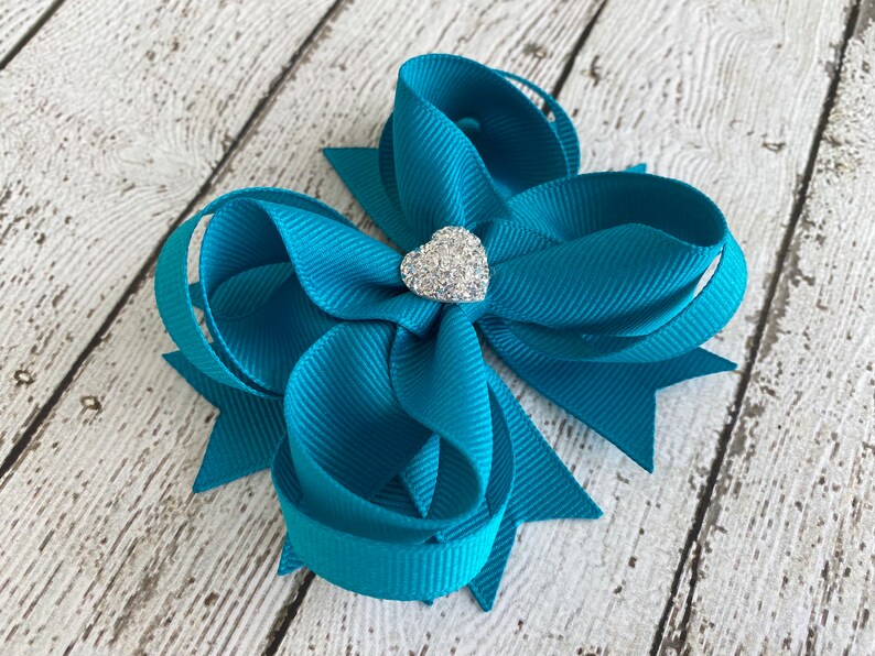 Girls Hair Bow Teal Blue Boutique Hair Bow with Sparkly Heart for Formal, Wedding, Birthday Events Cute Back to School Gift for Girls image 5